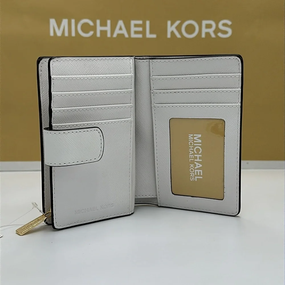 Michael Medium Crossgrain Leather Bifold Wallet Optic White  NWT